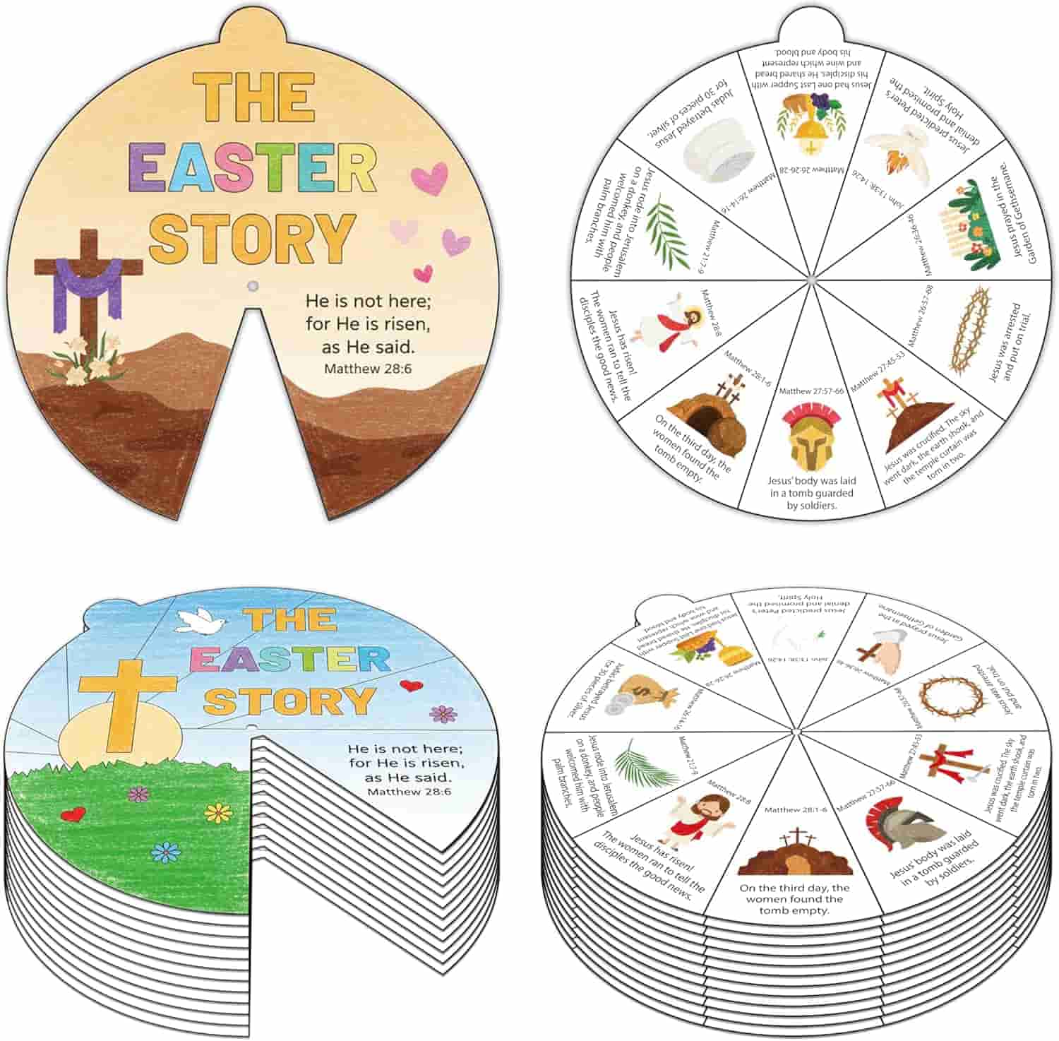 A set of illustrated Easter story spinner wheels showing Bible verses and images depicting key events from the resurrection story of Jesus.