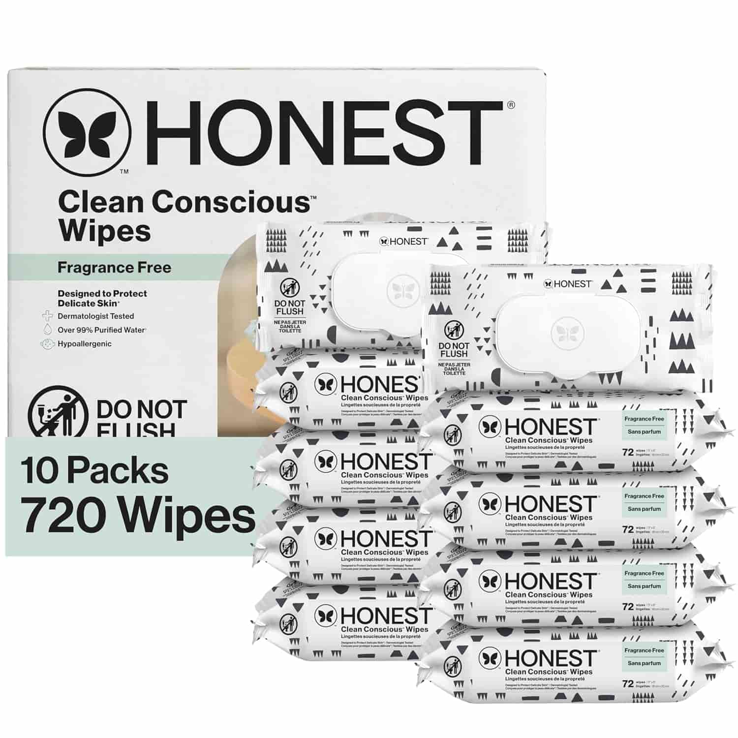 A box and ten packs of Honest Clean Conscious Wipes, fragrance free, with a total of 720 wipes. The packaging highlights "Do not flush" and is designed for delicate skin.