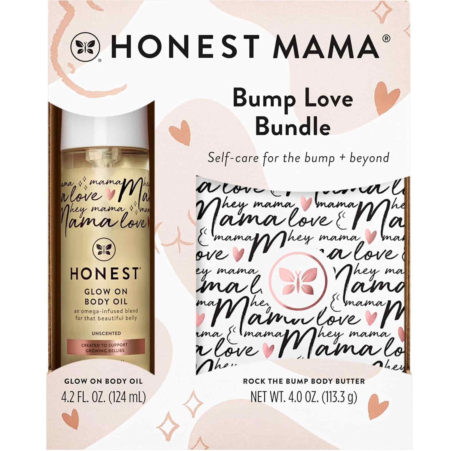 Honest Mama Bump Love Bundle packaging featuring Glow On Body Oil (4.2 fl oz) and Rock the Bump Body Butter (4 oz), designed for self-care during and after pregnancy.