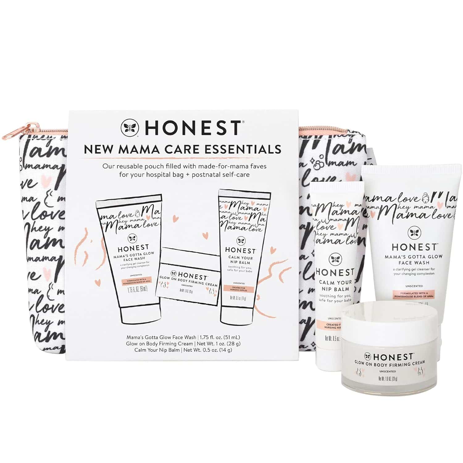 Honest brand New Mama Care Essentials kit, including face wash, body butter, nipple balm, and a printed pouch with “mama love” text design. Products are displayed around the kit box.