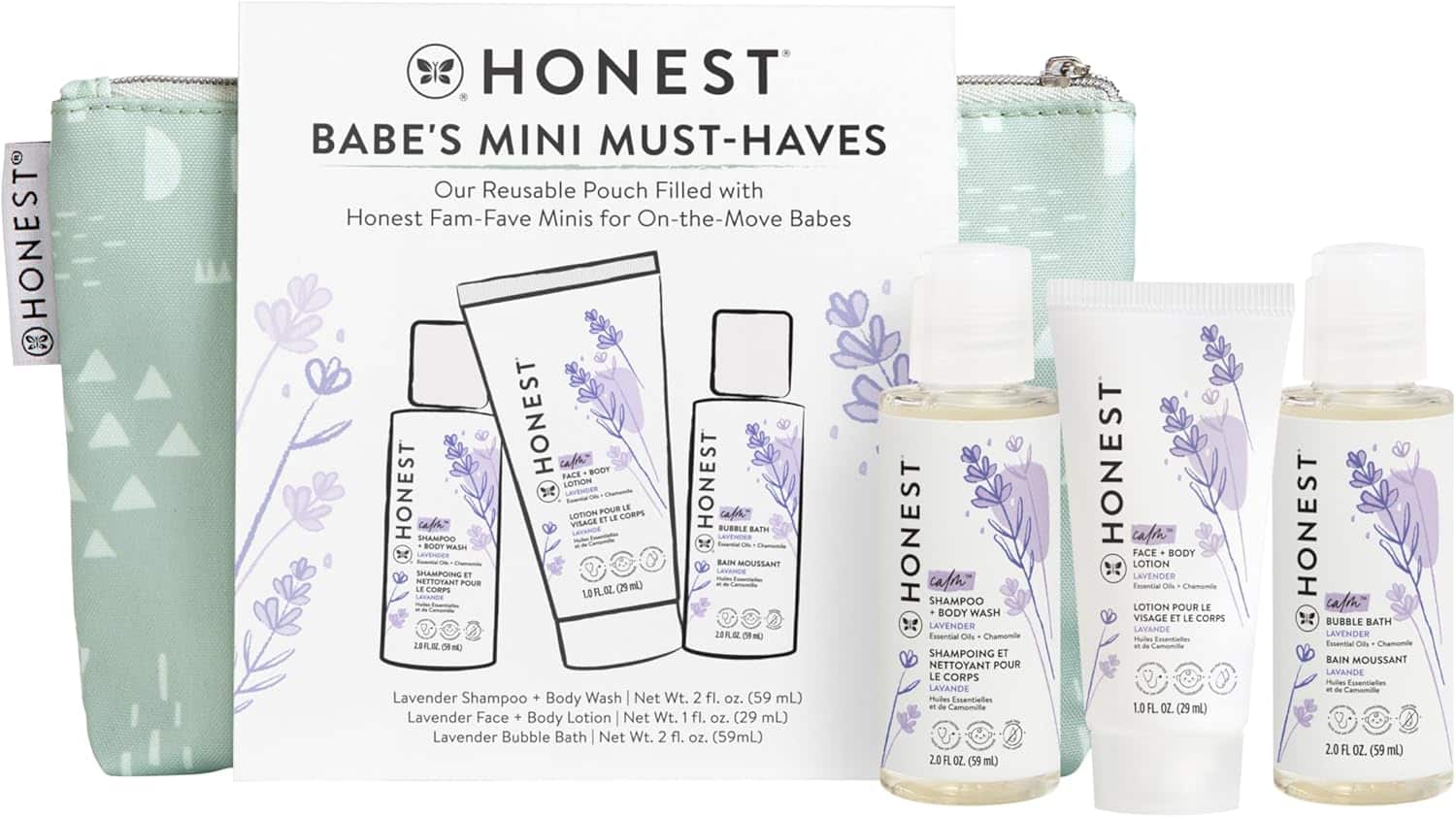 Honest Babe's Mini Must-Haves set with three travel-size lavender baby care products and a green patterned reusable pouch in the background.
