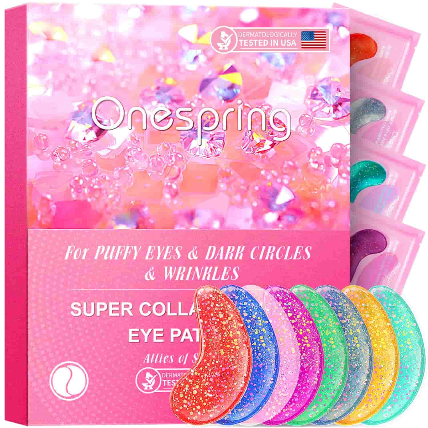 A box of Onespring Super Collagen Eye Patch displayed with five colorful, glittery eye patches beside it; packaging highlights benefits for puffy eyes, dark circles, and wrinkles.