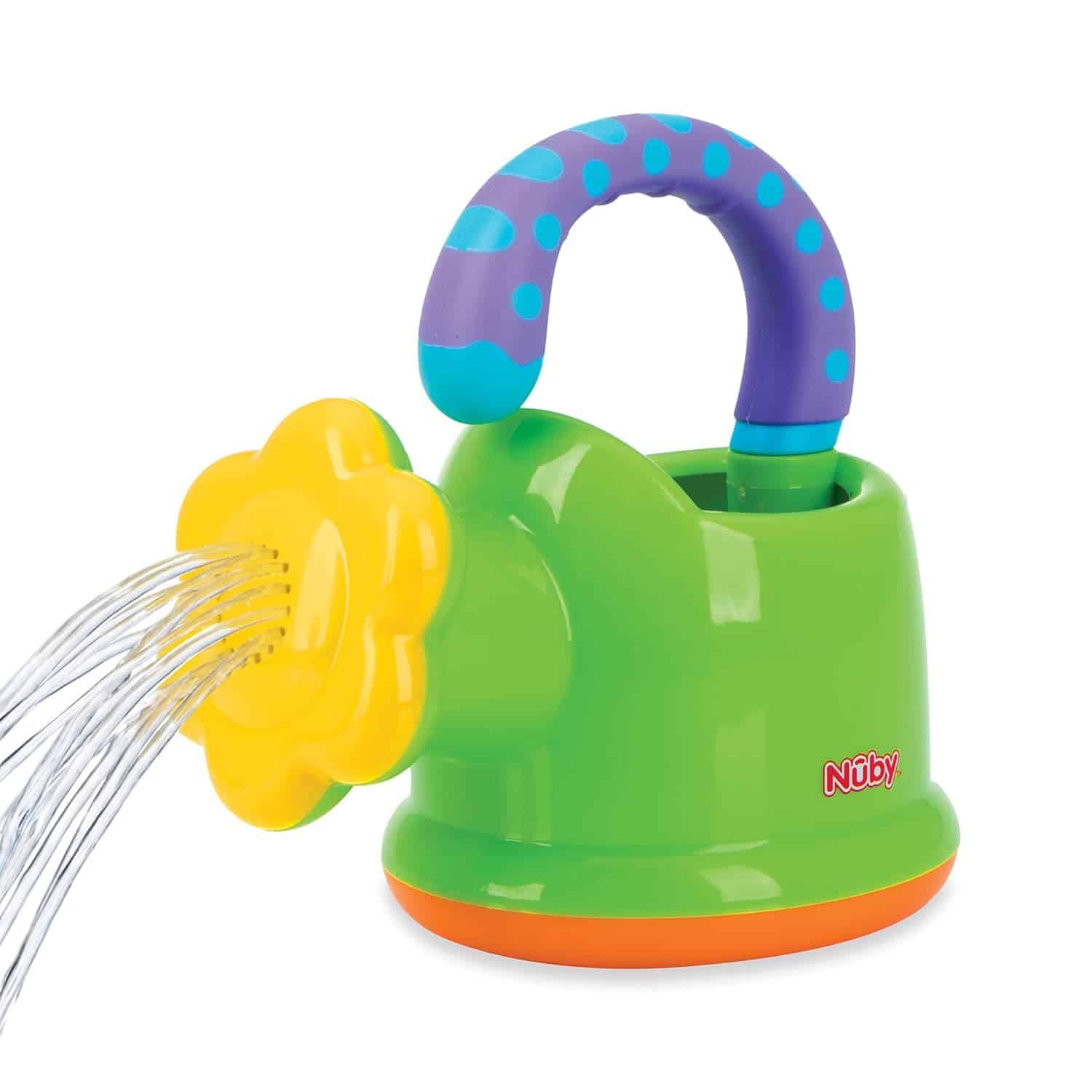 A green plastic watering can with a yellow flower-shaped spout and a blue and purple handle, spraying water.