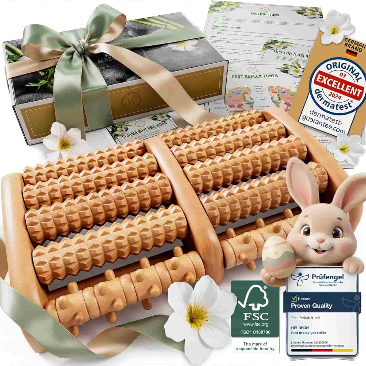 Wooden foot massager roller with textured surfaces, displayed with gift packaging, flowers, quality certification badges, and a cartoon bunny figure.