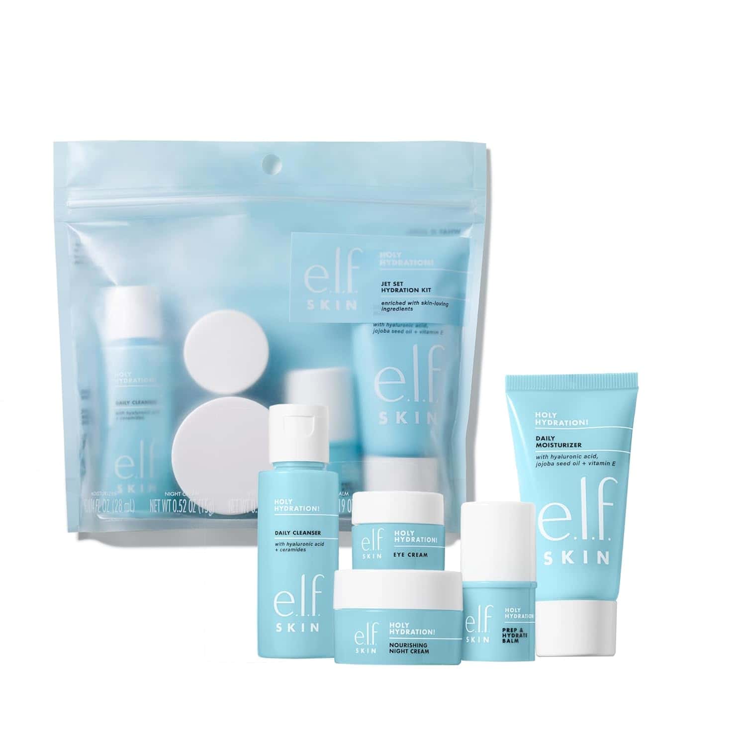 A set of e.l.f. Skin skincare products in blue and white packaging, including a cleanser, moisturizer, eye cream, night cream, and a travel pouch.