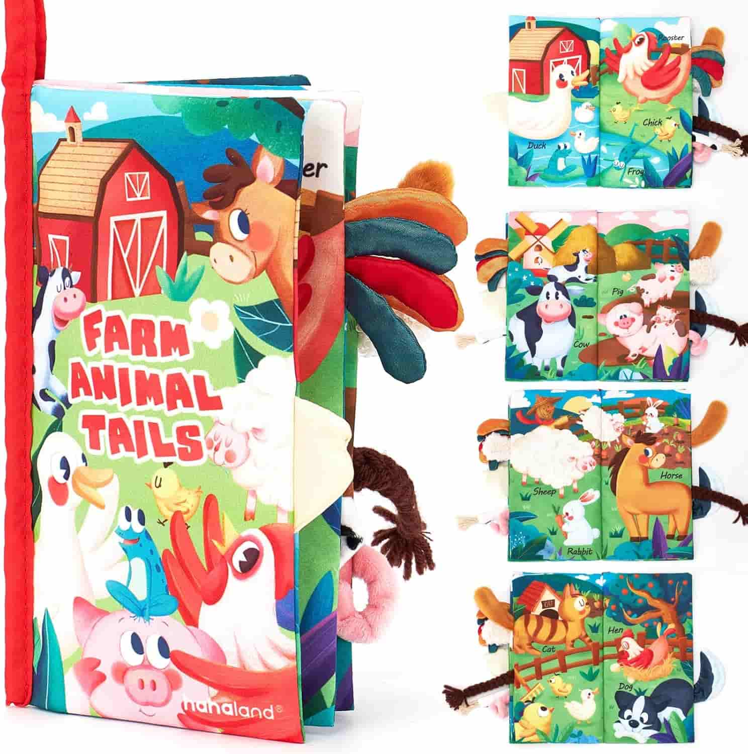 Colorful soft fabric children's book titled "Farm Animal Tails" with animal illustrations and textured tails on the edges. Several pages and animal designs are shown.