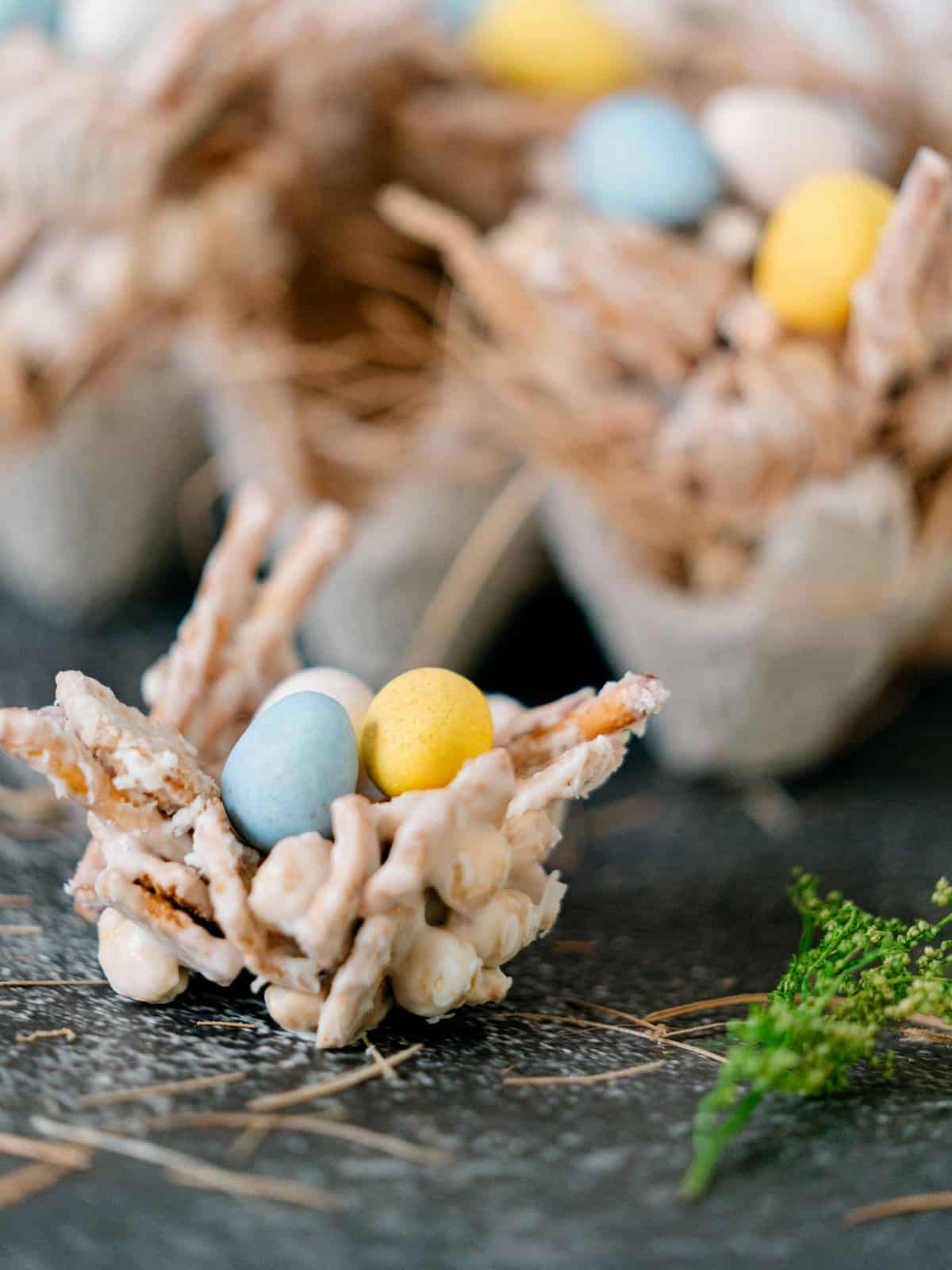 A close-up of a bird’s nest-shaped dessert made of pretzel sticks with three pastel-colored candy eggs inside, set on a dark surface with greenery nearby.