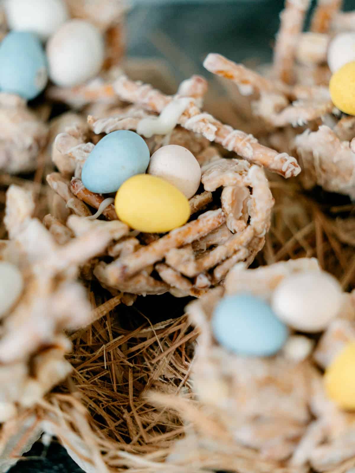 Edible nests made of pretzel sticks and white coating, each holding small pastel-colored candy eggs, arranged on a natural straw-like surface.