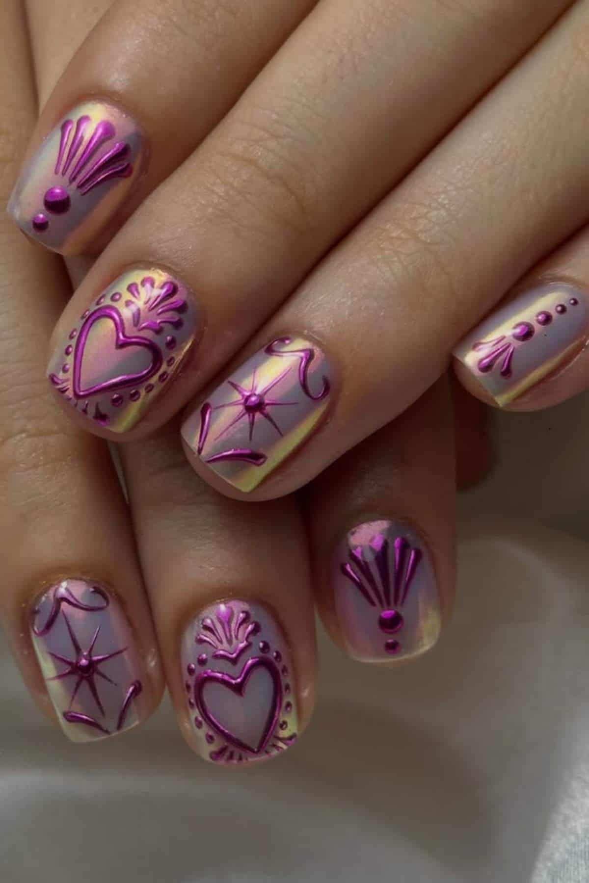 Close-up of hands with pastel iridescent nails featuring embossed pink designs, including hearts, shells, dots, and stars on each nail.