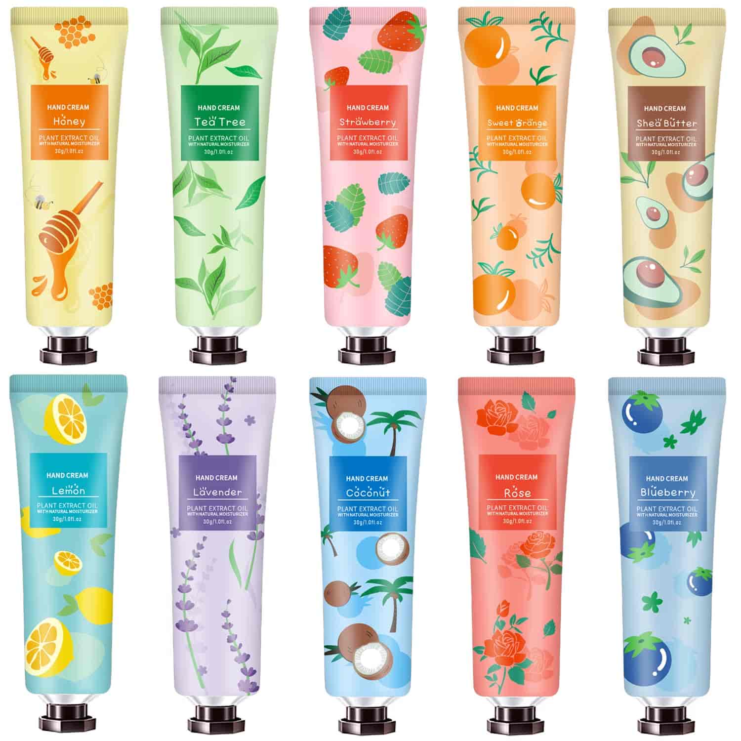 Ten colorful tubes of hand cream are arranged in two rows, each labeled with a different plant extract and illustrated with corresponding botanical designs.