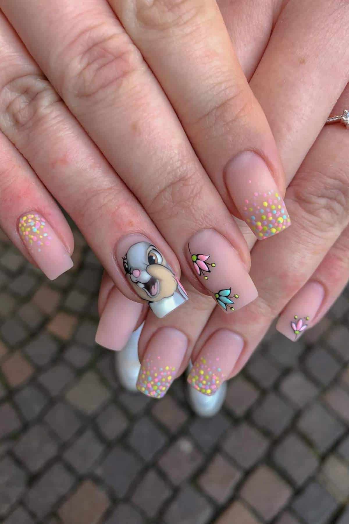 A close-up of hands with square, nude-pink nails featuring glitter, pastel flower designs, and a cartoon bunny face painted on one nail.