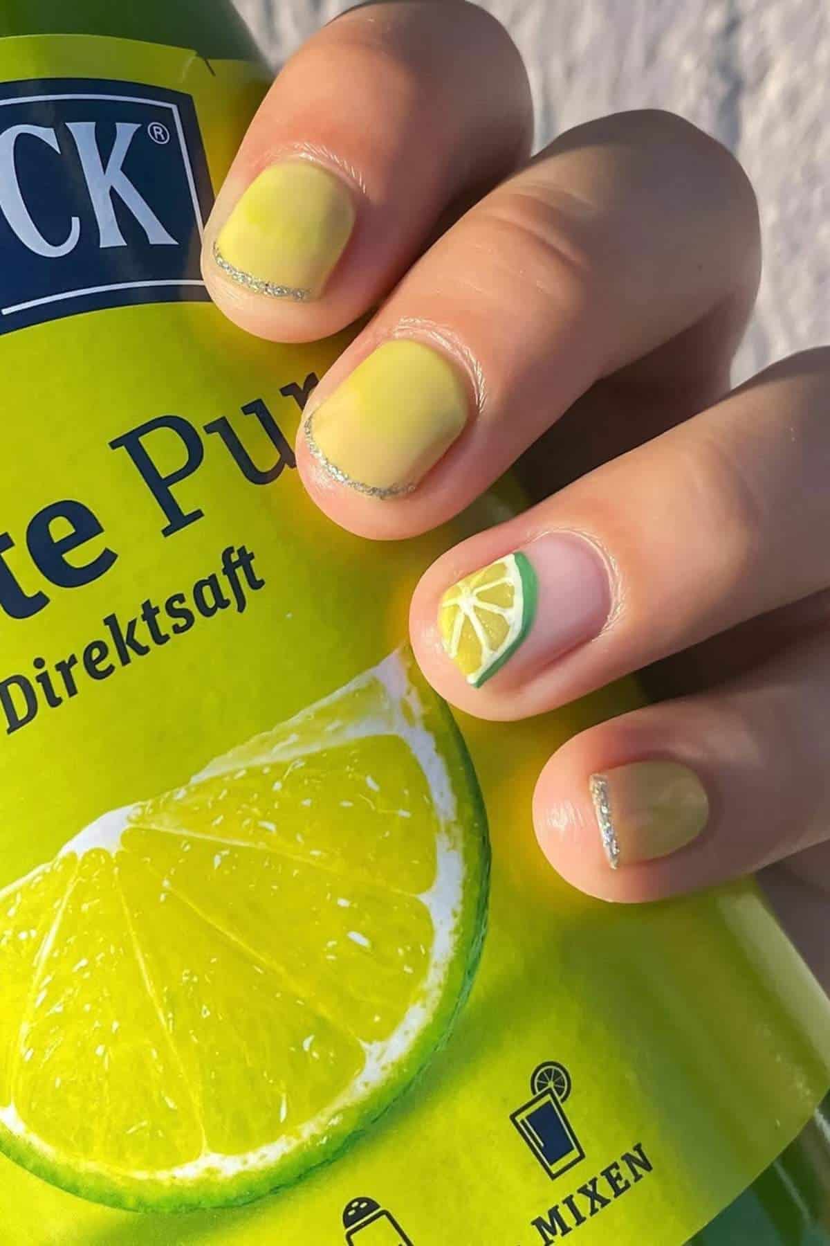 A hand with yellow and green gradient nails, one featuring a lime slice design, holds a yellow can with an image of a lime slice.