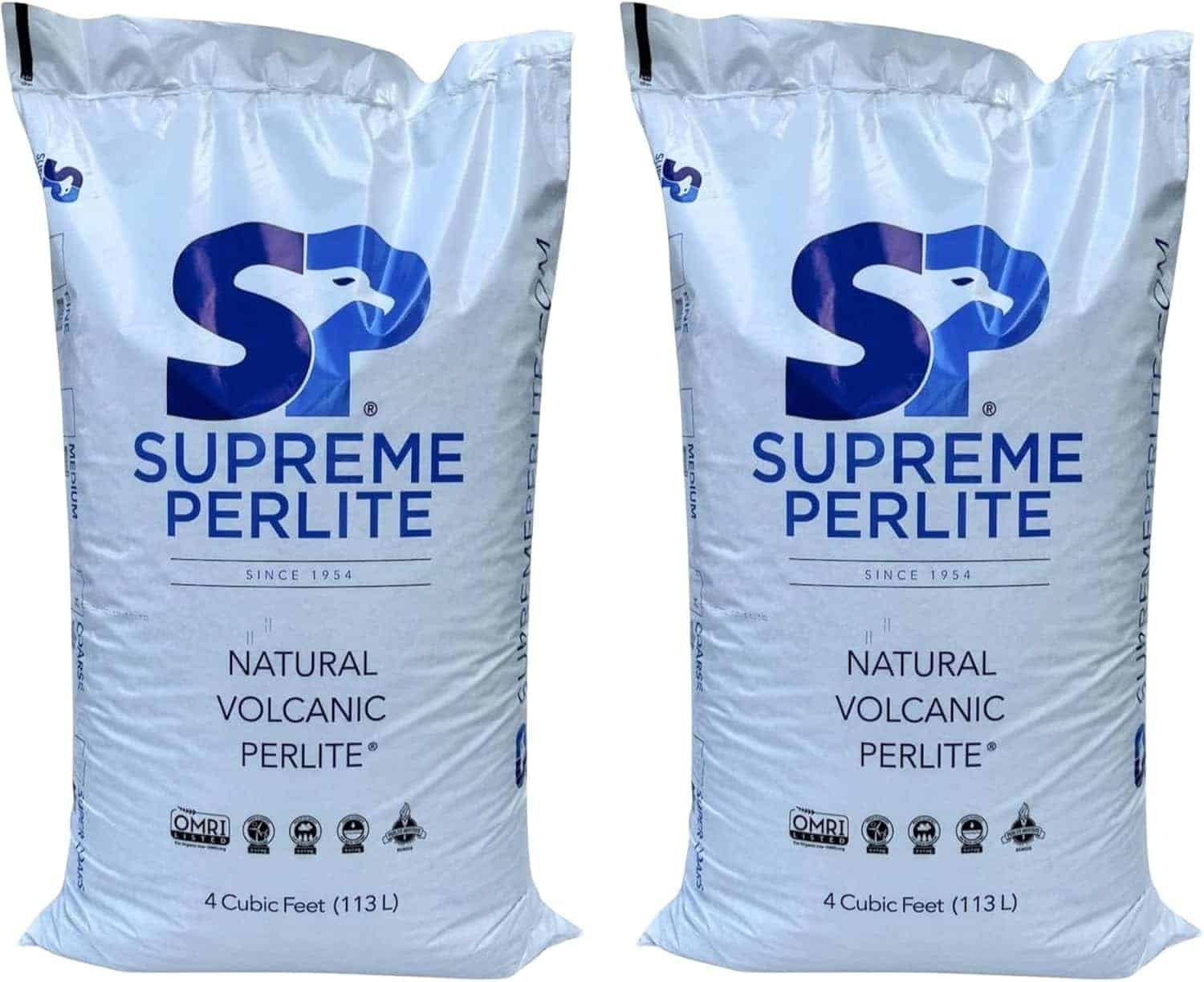 Two large white bags labeled "Supreme Perlite Natural Volcanic Perlite," each containing 4 cubic feet (113 liters) of product.