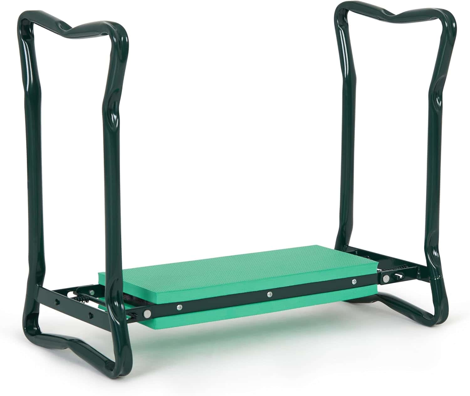 A green and black garden kneeler with a padded seat and sturdy metal frame, designed for use in gardening tasks.