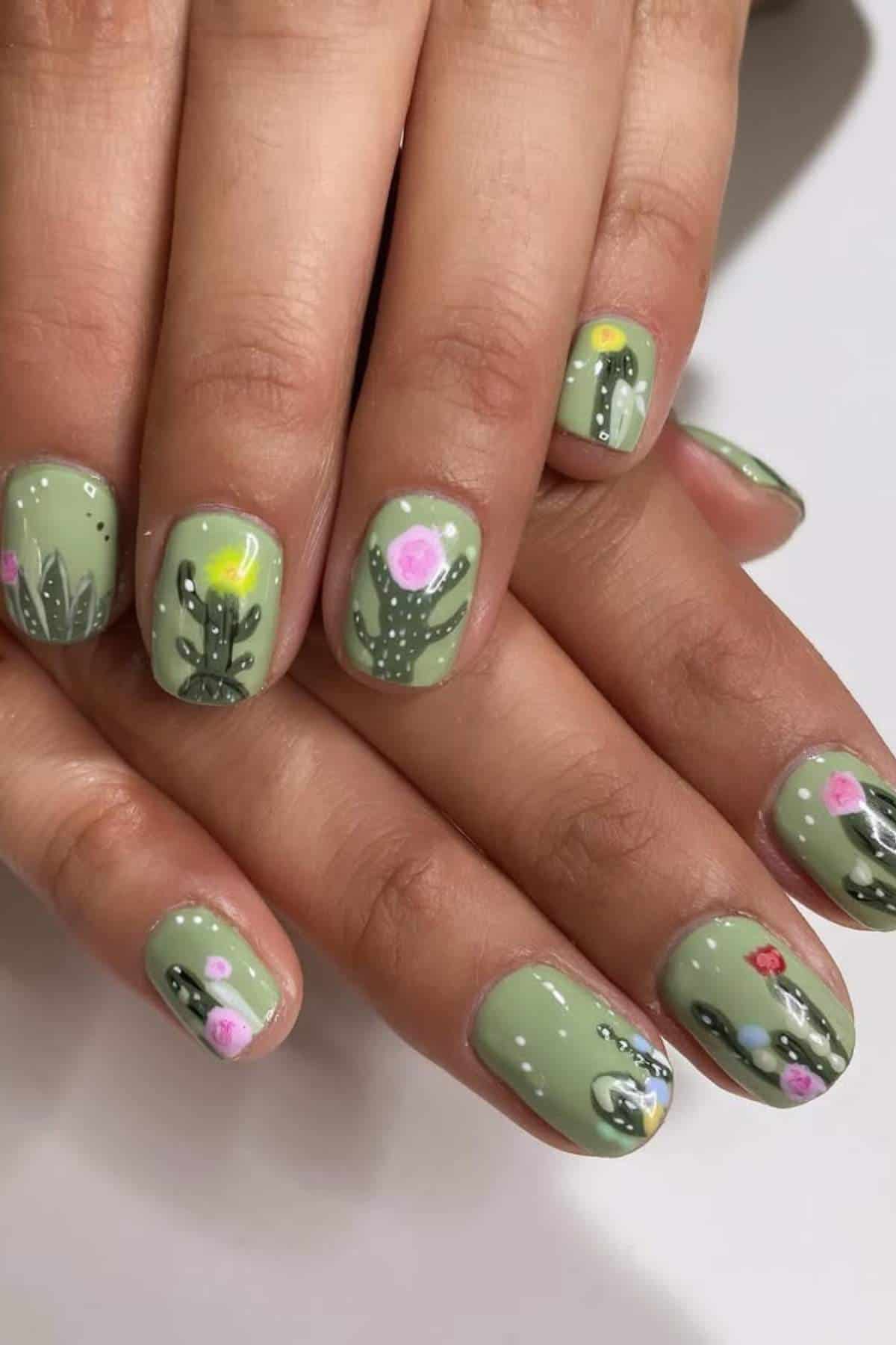 Close-up of hands with short, square-shaped nails painted green and decorated with cactus and flower designs in pink, yellow, and white.