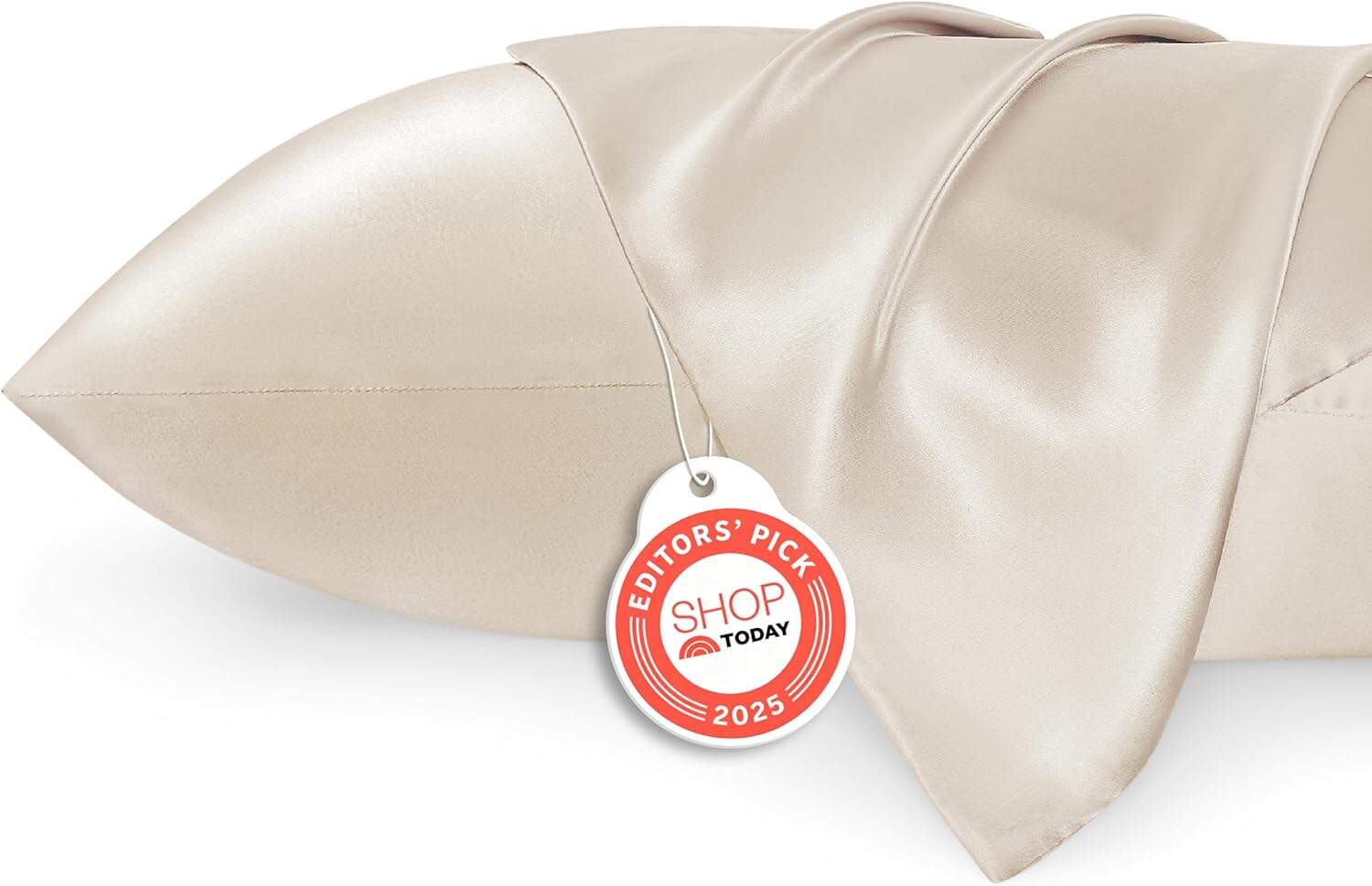 A beige satin pillowcase with a folded corner, featuring a "Shop Today Editor's Pick 2025" tag attached.