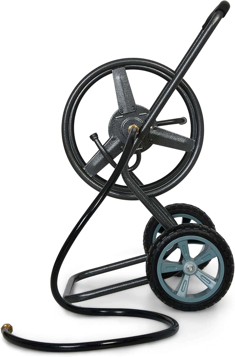 Metal garden hose reel cart with two large wheels, a handle, and a coiled hose attached, shown on a white background.