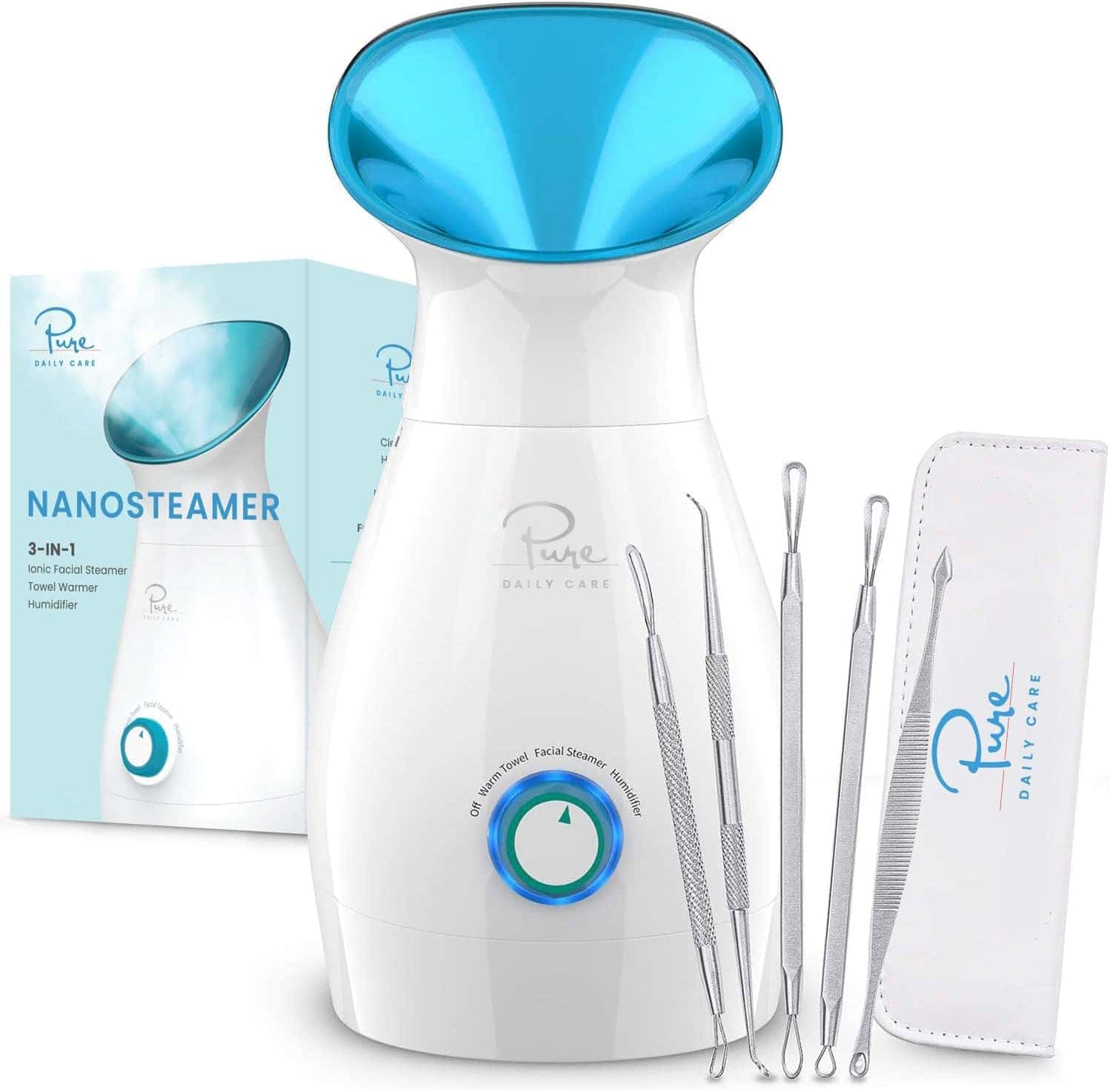 A white and blue facial steamer with control dial, four metal extraction tools, a white case, and product packaging labeled "NanoSteamer" and "Pure Daily Care.