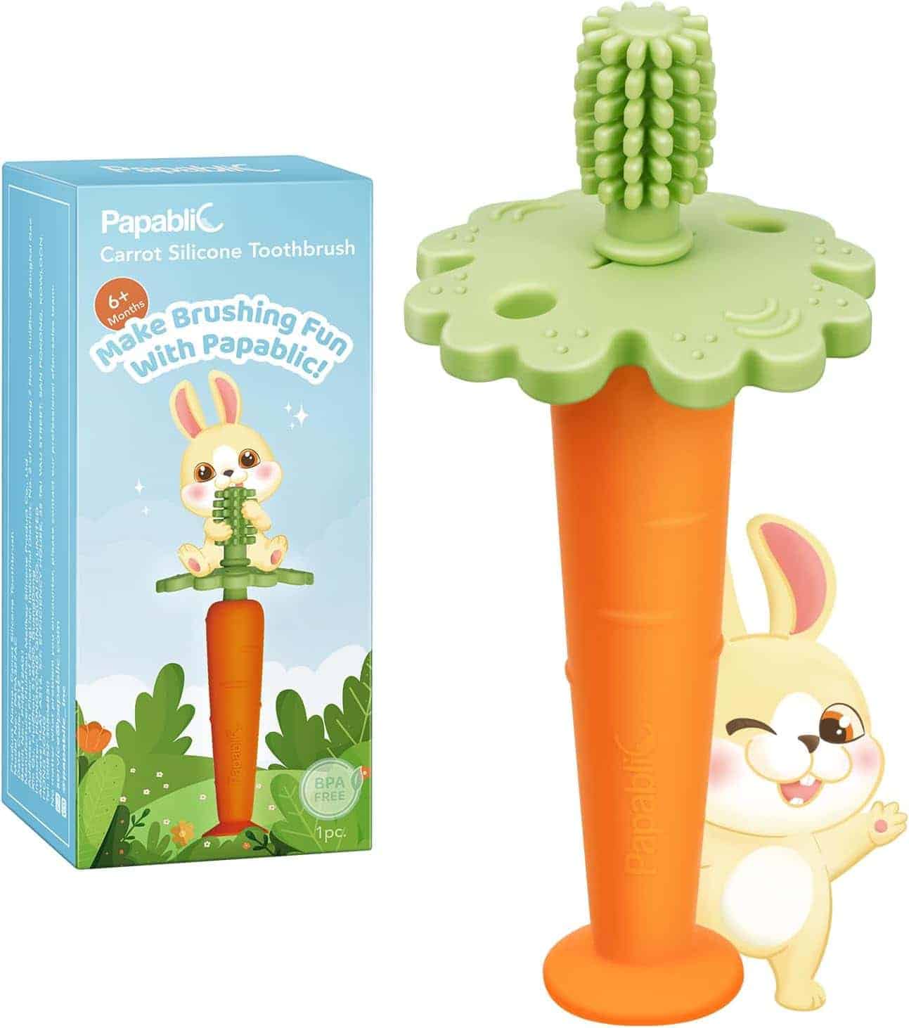 Papablic carrot-shaped silicone toothbrush for babies, shown with packaging featuring a cartoon bunny and product image. For ages 6 months and up.
