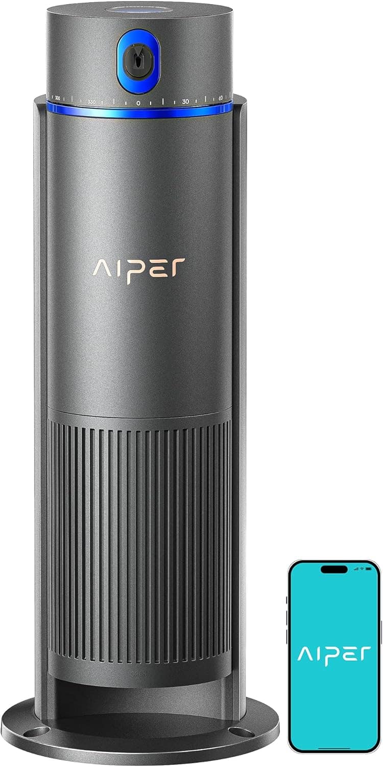 Aiper branded cylindrical device with vented sides and a circular dial on top, shown next to a smartphone displaying the Aiper logo on its screen.