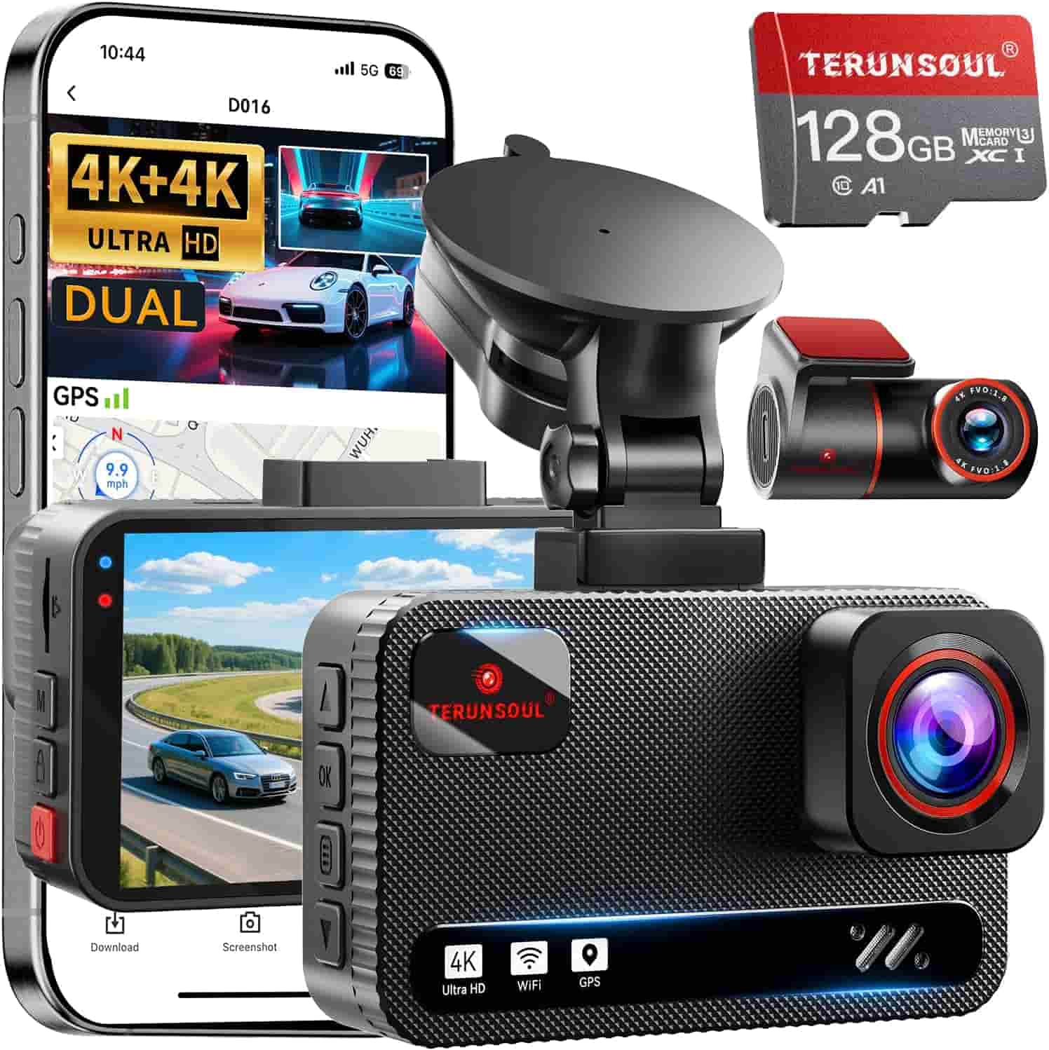 A 4K dash cam set with a suction mount, rear camera, 128GB microSD card, and smartphone displaying recorded driving footage.