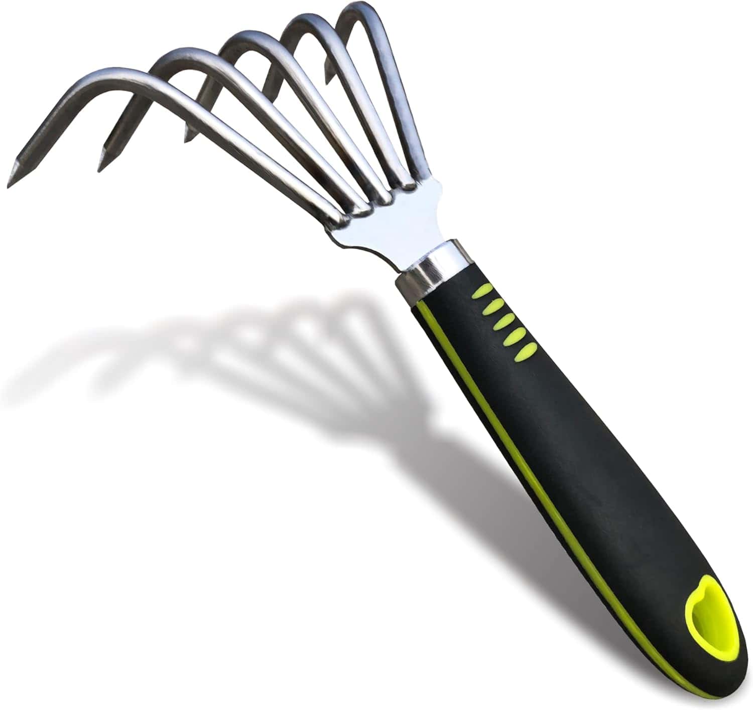 A garden hand rake with a black and green ergonomic handle and five metal tines, shown on a white background.