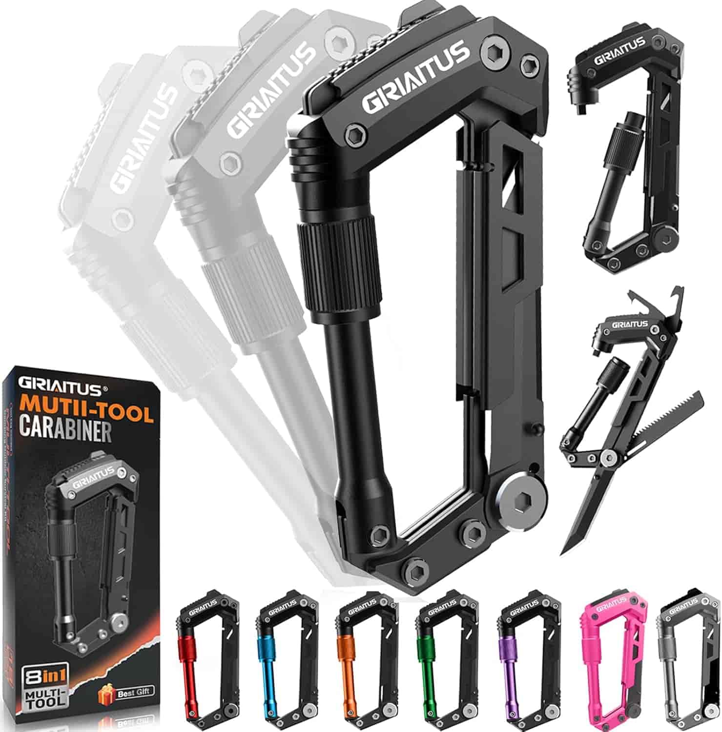 Multi-tool carabiner in black shown with packaging, individual close-ups, color variations, and open tools including a knife and screwdriver.