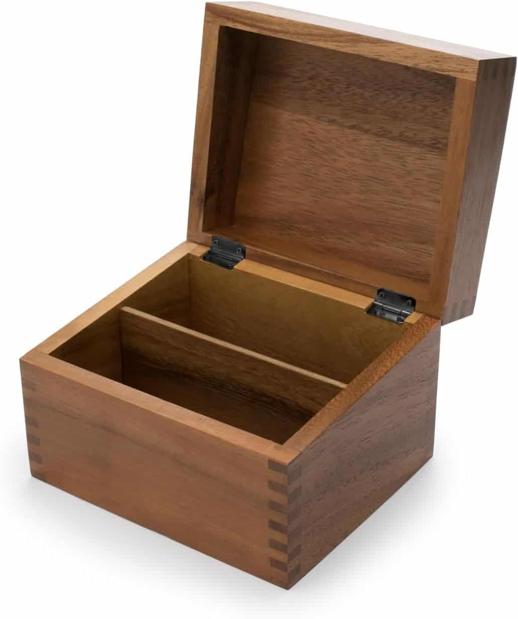 An open wooden box with dovetail joints and a divider inside, shown on a white background.