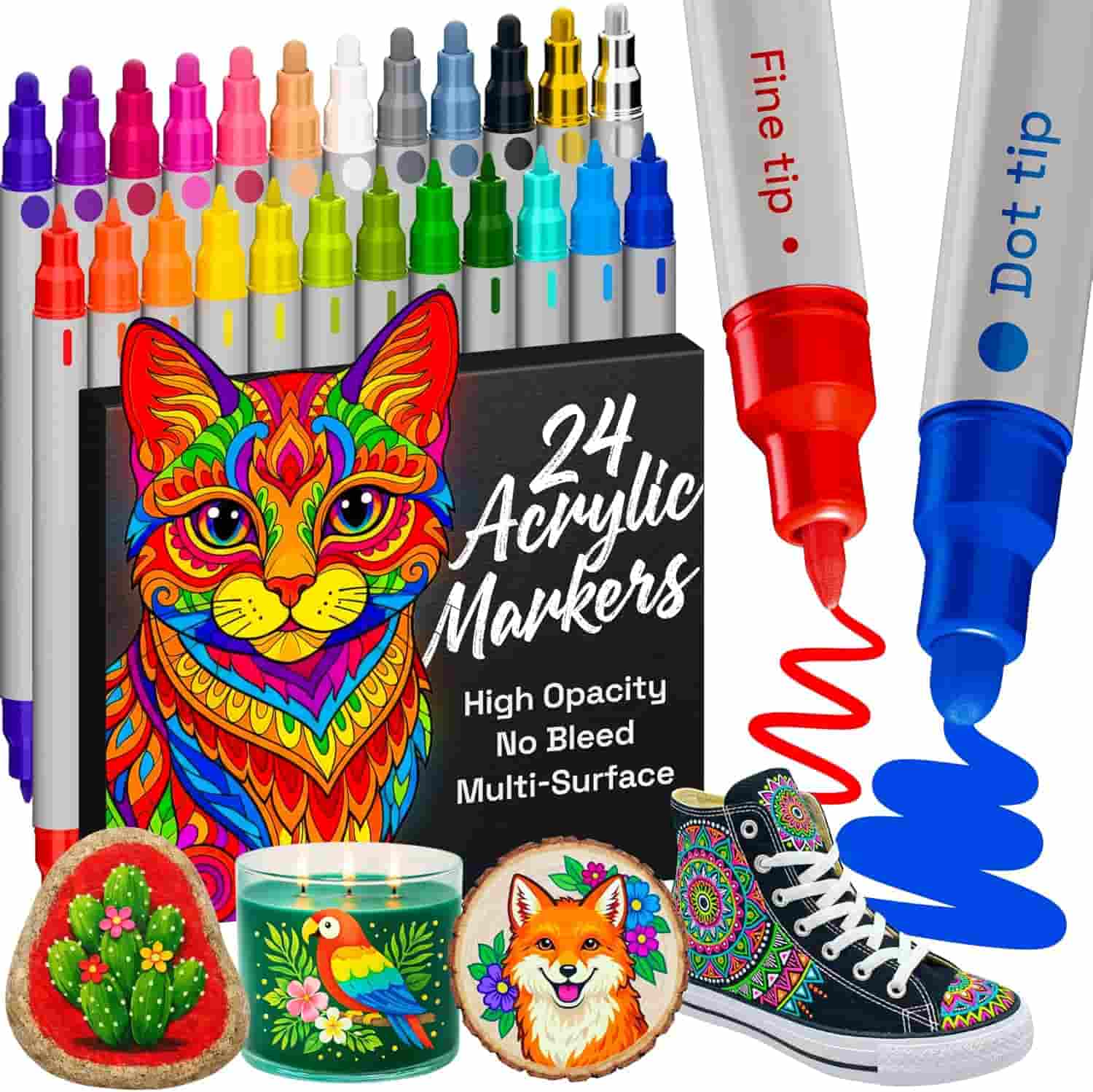 Set of 24 acrylic markers with fine and dot tips, shown with colorful art on a cat canvas, painted rock, candle, shoe, and wooden slice.