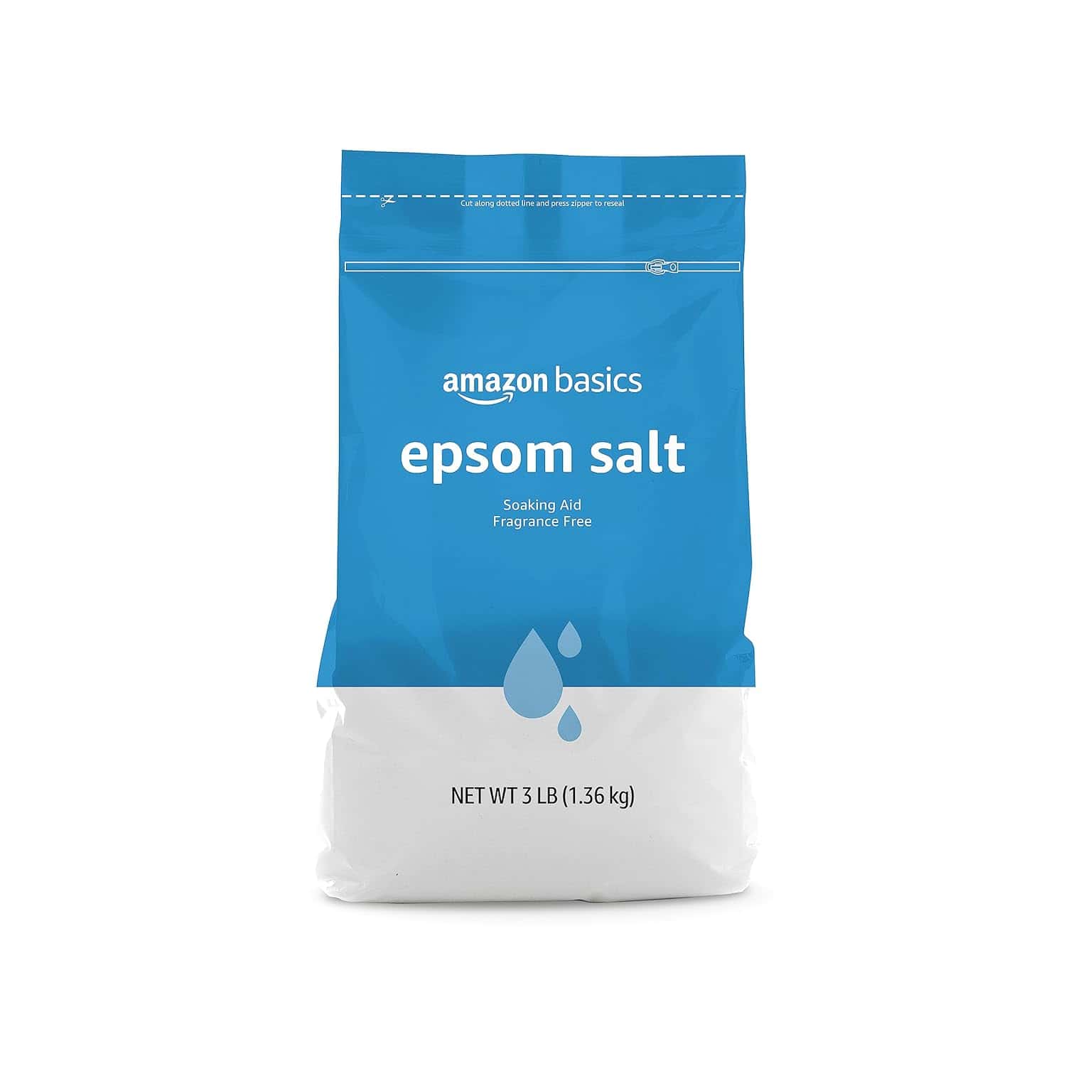 A 3 lb (1.36 kg) bag of Amazon Basics Epsom Salt, labeled as a soaking aid and fragrance free, in blue and white packaging.