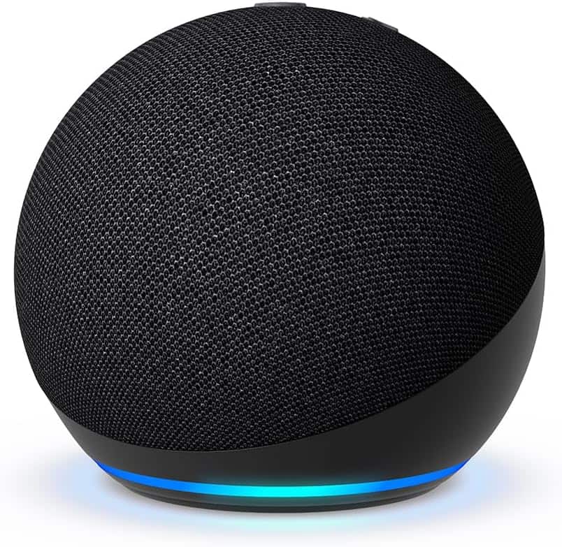 A black spherical smart speaker with a mesh exterior and a glowing blue light ring at the base.