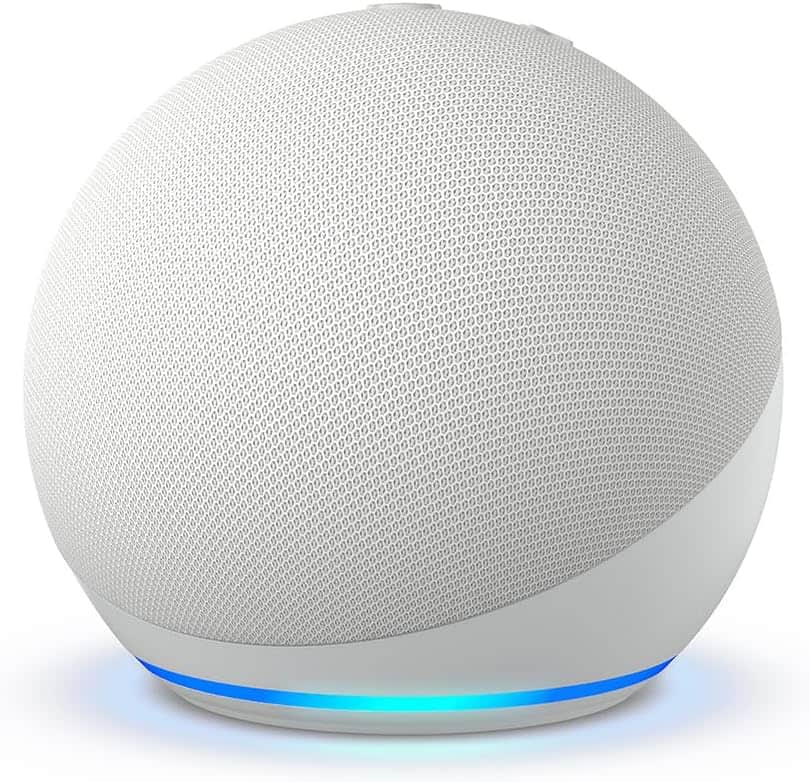 A white spherical smart speaker with a mesh exterior and a glowing blue light ring at the base, shown against a plain background.