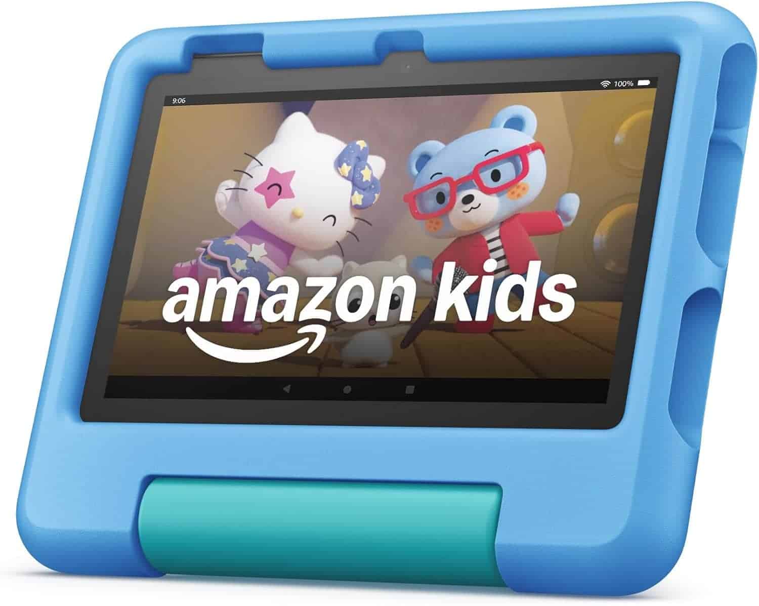 A tablet in a blue case displays an animated children's show with "amazon kids" text on the screen.