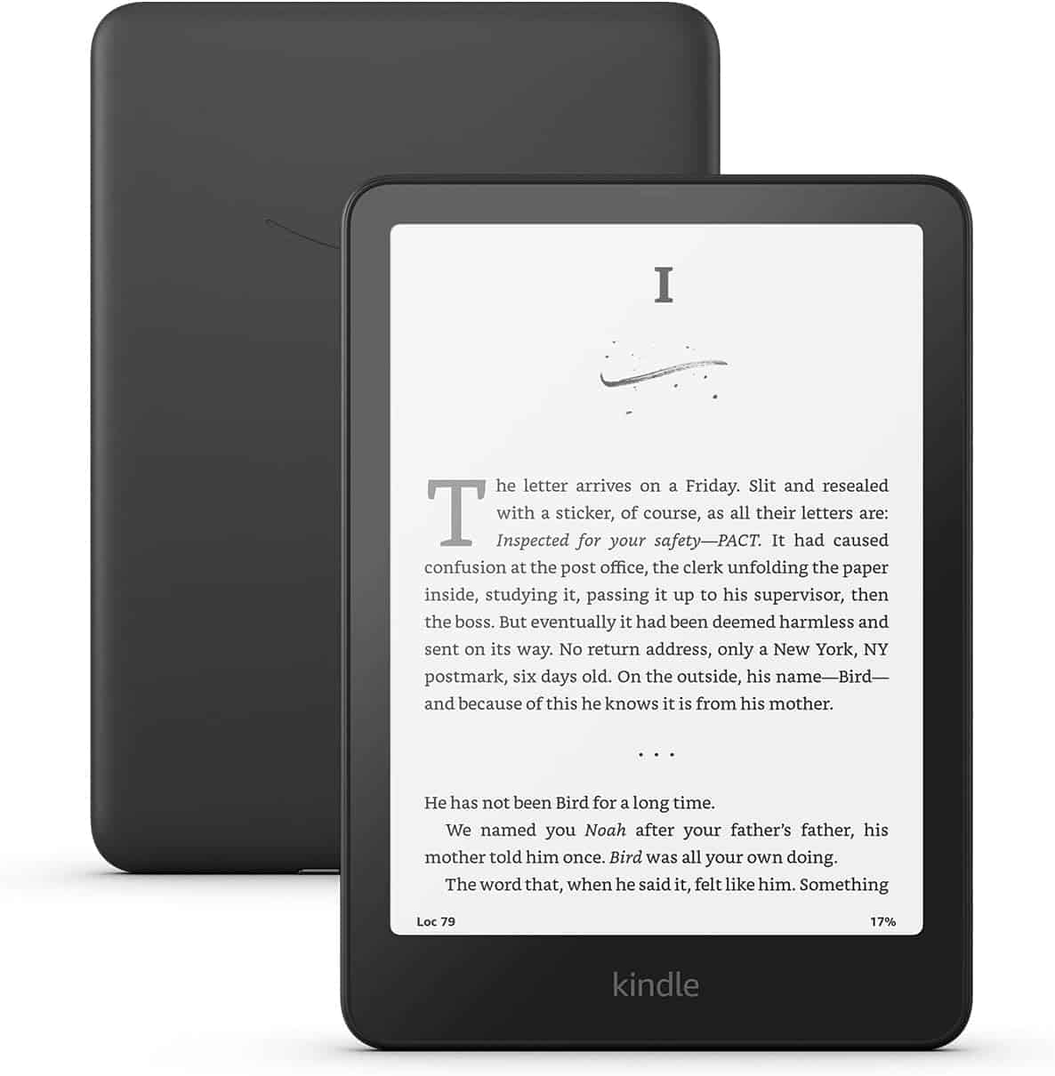 A black Amazon Kindle e-reader displaying a page of text, standing upright with another Kindle device partially visible behind it.