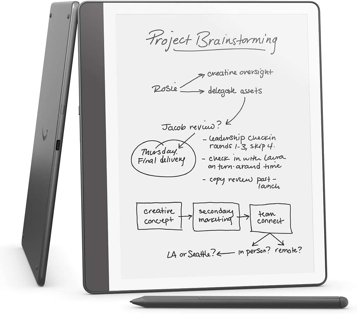 A digital tablet displays handwritten project brainstorming notes with diagrams, ideas, and a stylus placed in front, emphasizing organization and planning.
