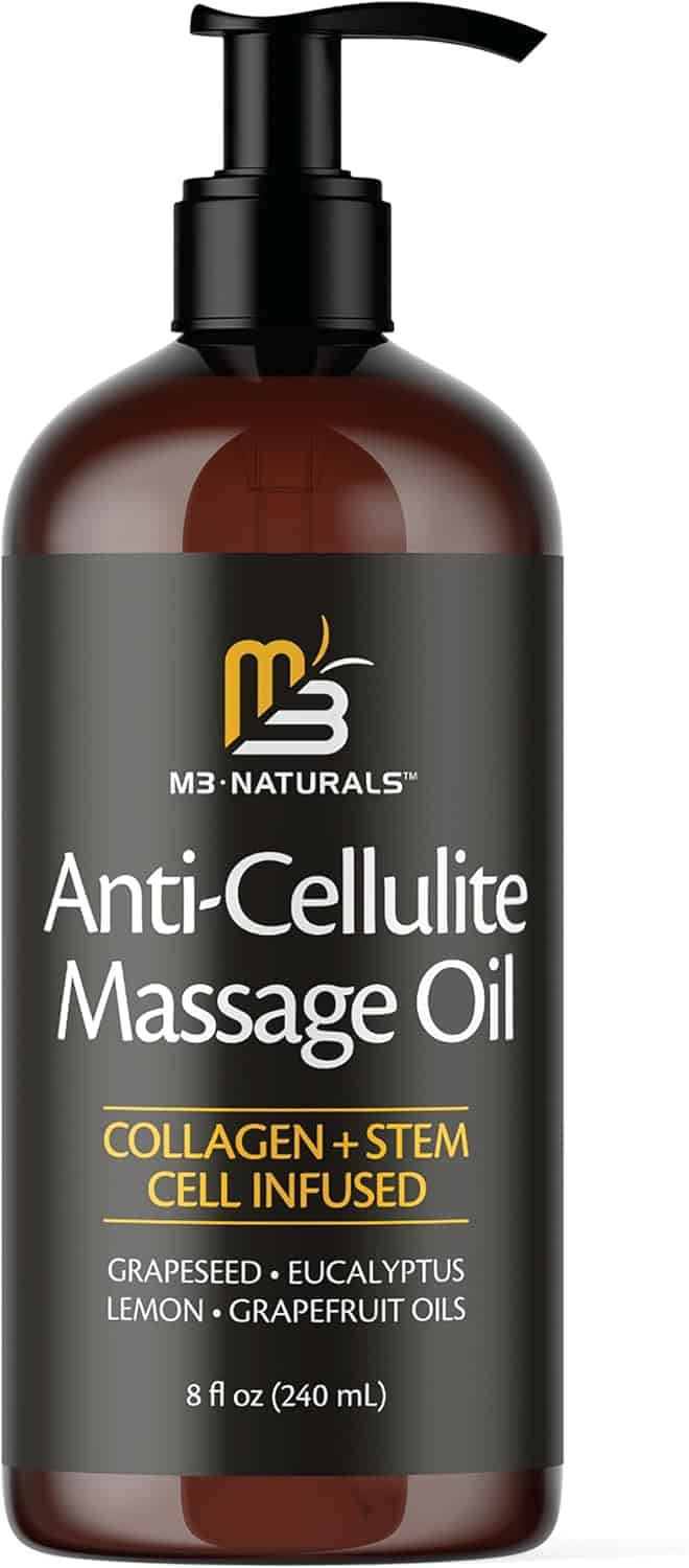 A brown pump bottle labeled "M3 Naturals Anti-Cellulite Massage Oil, Collagen + Stem Cell Infused, 8 fl oz," listing grapeseed, eucalyptus, lemon, and grapefruit oils.
