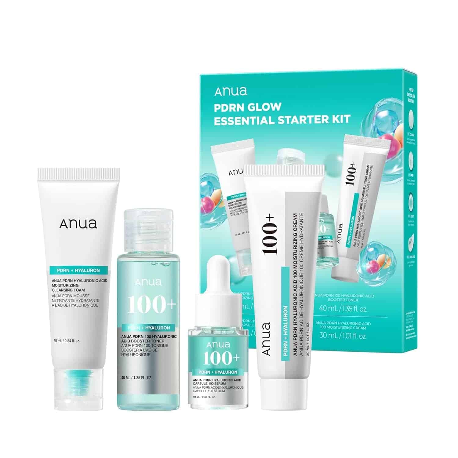 Anua PDRN Glow Essential Starter Kit with four skincare products: cleanser, toner, serum, and cream, displayed in front of the product box.