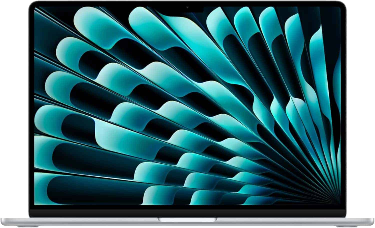 A laptop with a silver body and a screen displaying an abstract teal and black geometric pattern.