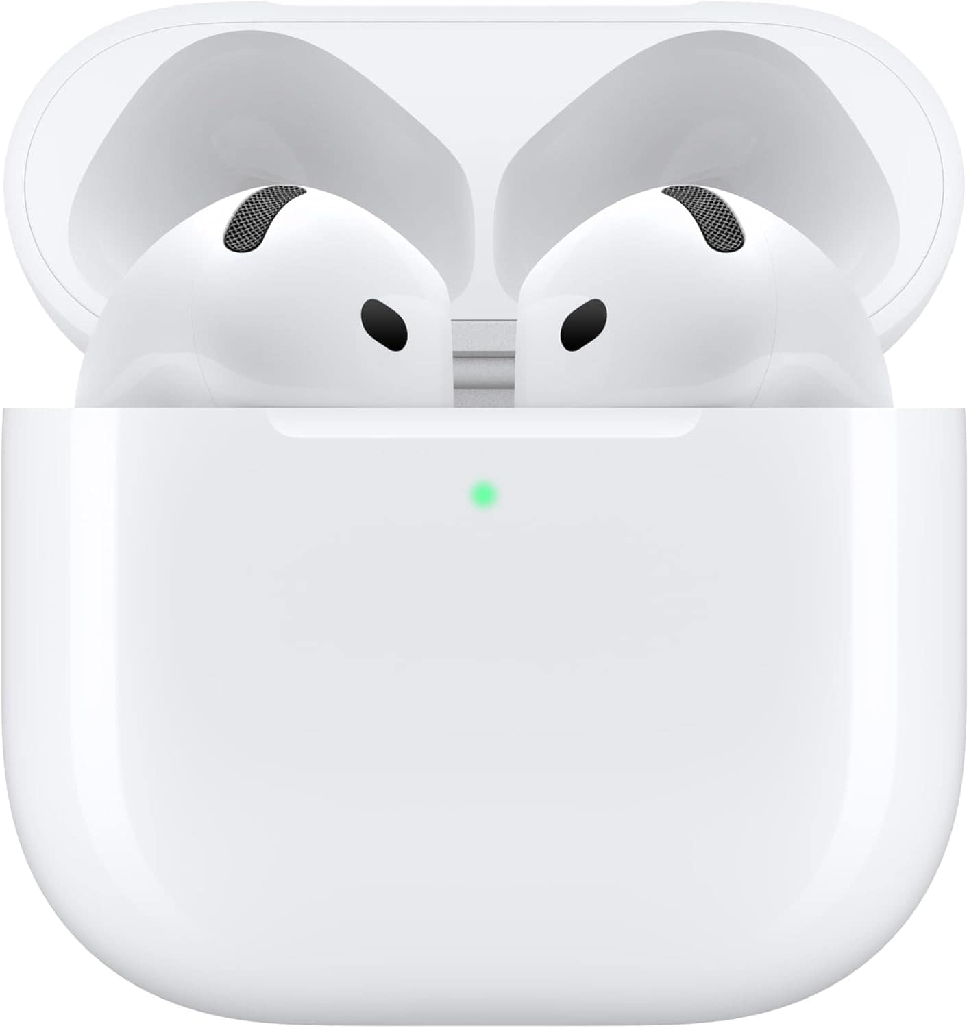 A pair of wireless white earbuds in an open charging case with a green indicator light on the front.