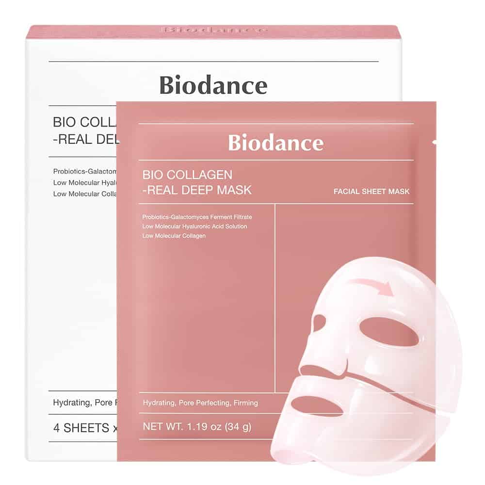 Biodance Bio Collagen Real Deep Mask packaging, featuring a white box and a pink sachet with an illustration of a sheet mask.