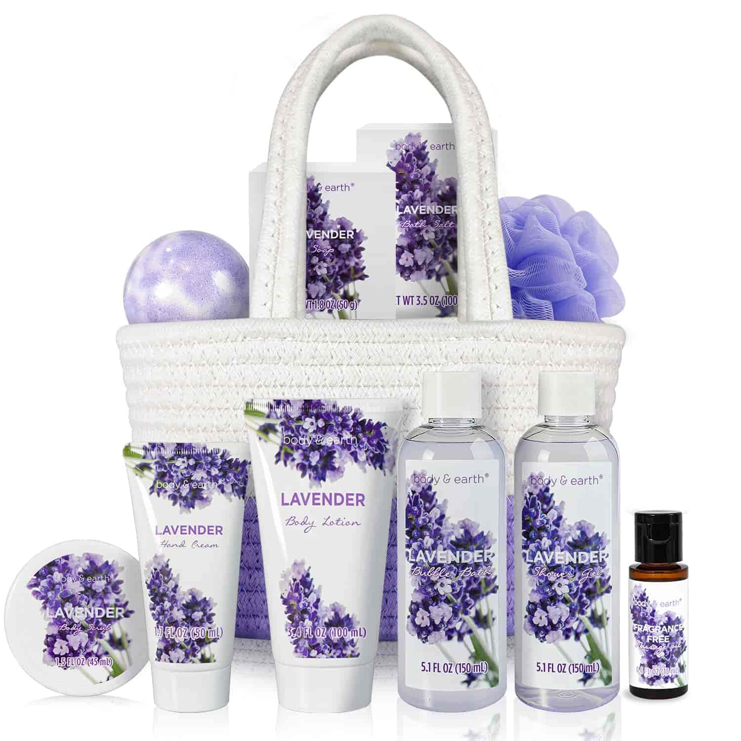 A white gift basket contains lavender-scented bath products, including lotion, body wash, hand cream, oil, bath bomb, and a purple bath pouf, all with lavender flower packaging.