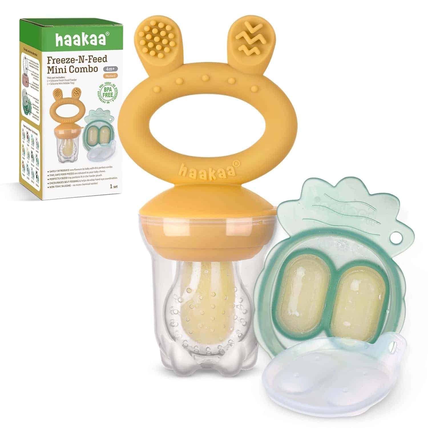 Haakaa Freeze-N-Feed Mini Combo baby feeder set with a yellow silicone handle, clear container, two frozen food pods, and packaging box displayed.
