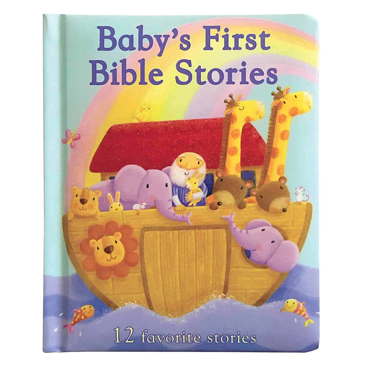 Children’s book titled “Baby’s First Bible Stories” featuring Noah’s Ark with animals and a rainbow on the cover. Text states “12 favorite stories.”.