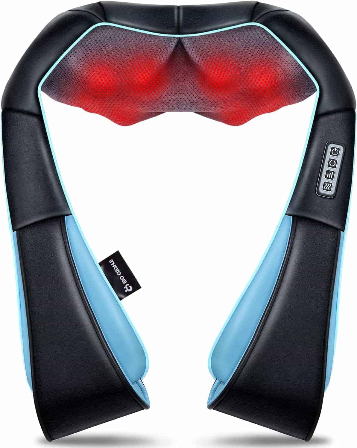 A black and blue electric neck and shoulder massager with visible heating nodes and control buttons on the side.