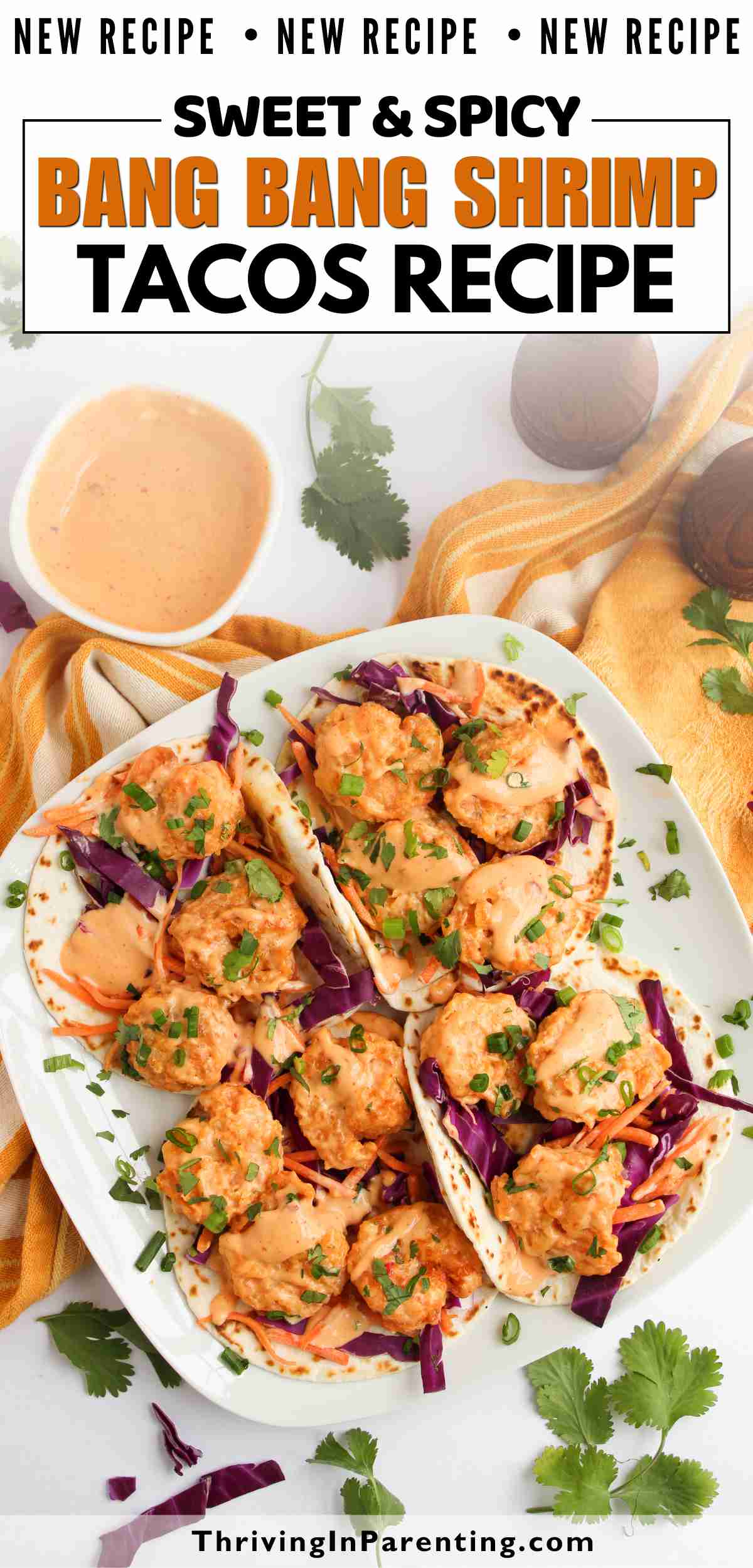 Pin image of Bang Bang shrimp tacos recipe blog post.
