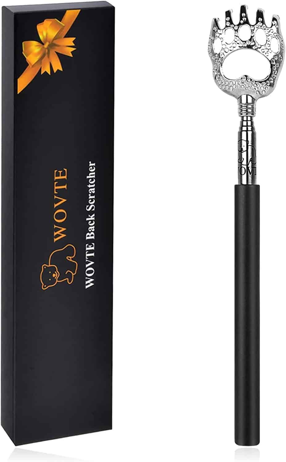 A boxed WOVTE back scratcher with a black handle and a metal claw-shaped scratching end, shown next to its black gift box with orange accents.