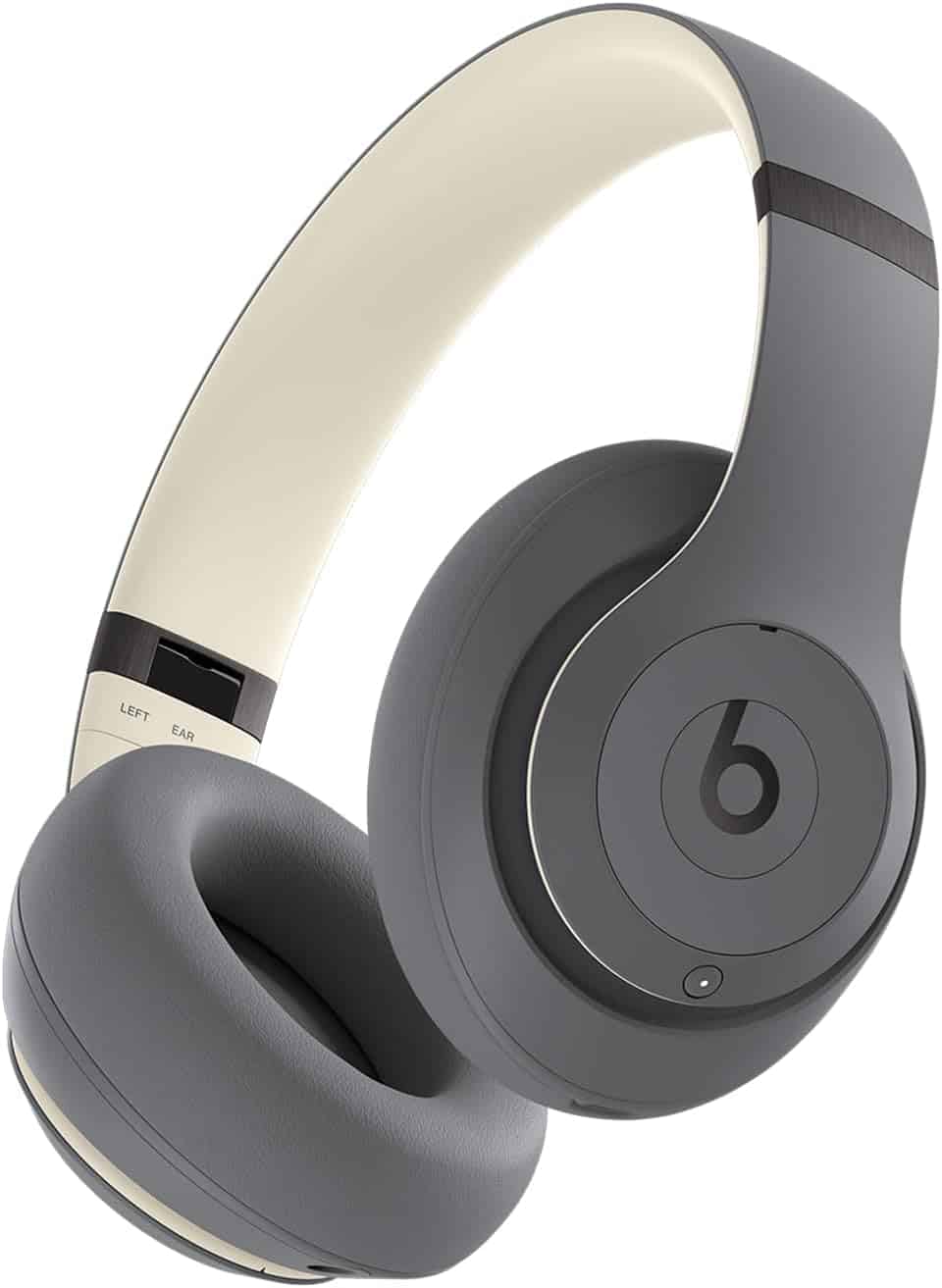 Gray over-ear wireless headphones with a cushioned headband and ear pads, featuring the Beats logo on the ear cup and labeled "Left" on the inner band.
