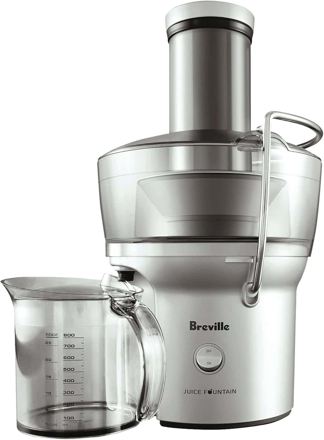 A Breville Juice Fountain juicer with a clear measuring jug placed next to it, showing measurement markings up to 1,000 mL.