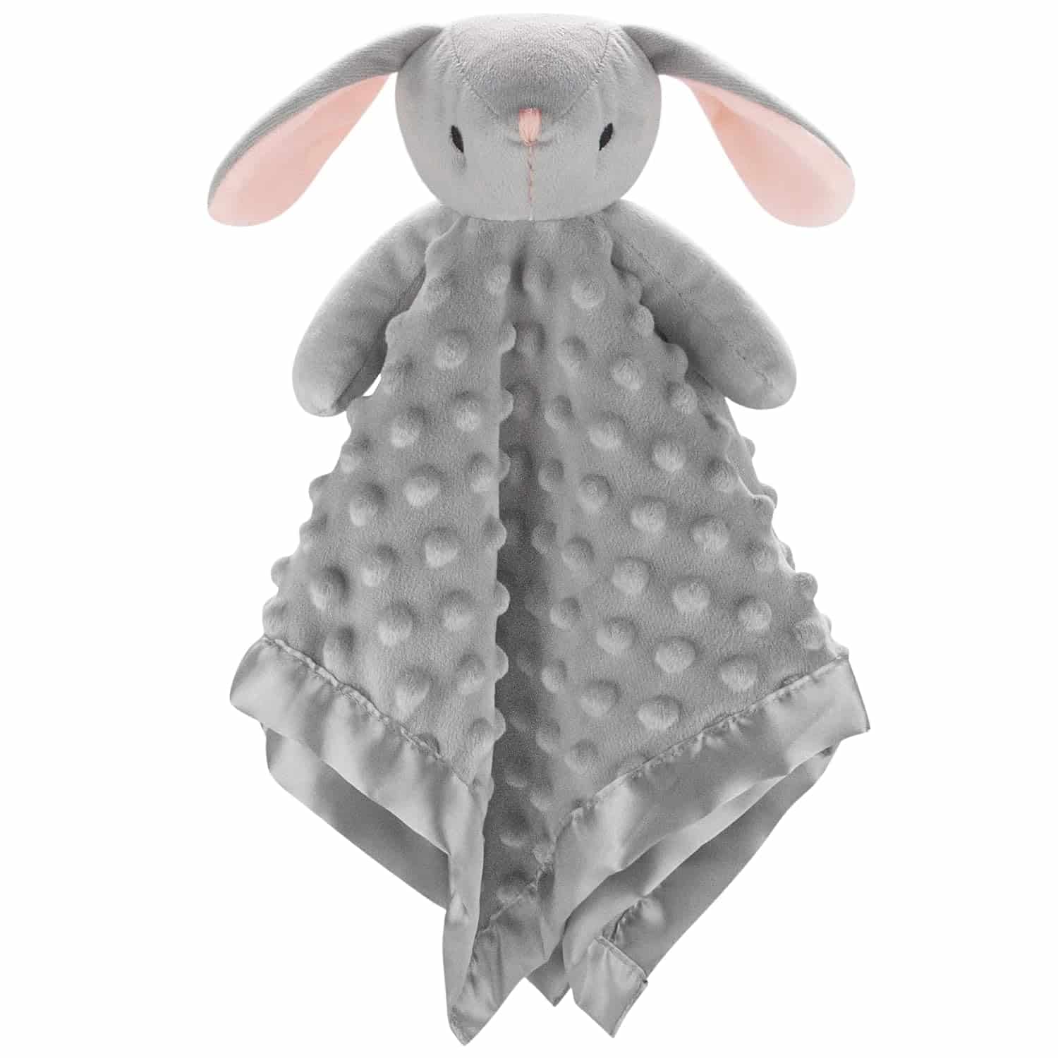 Gray plush bunny security blanket with a textured, dotted fabric center and satin trim. The bunny has pink inner ears and a stitched nose.