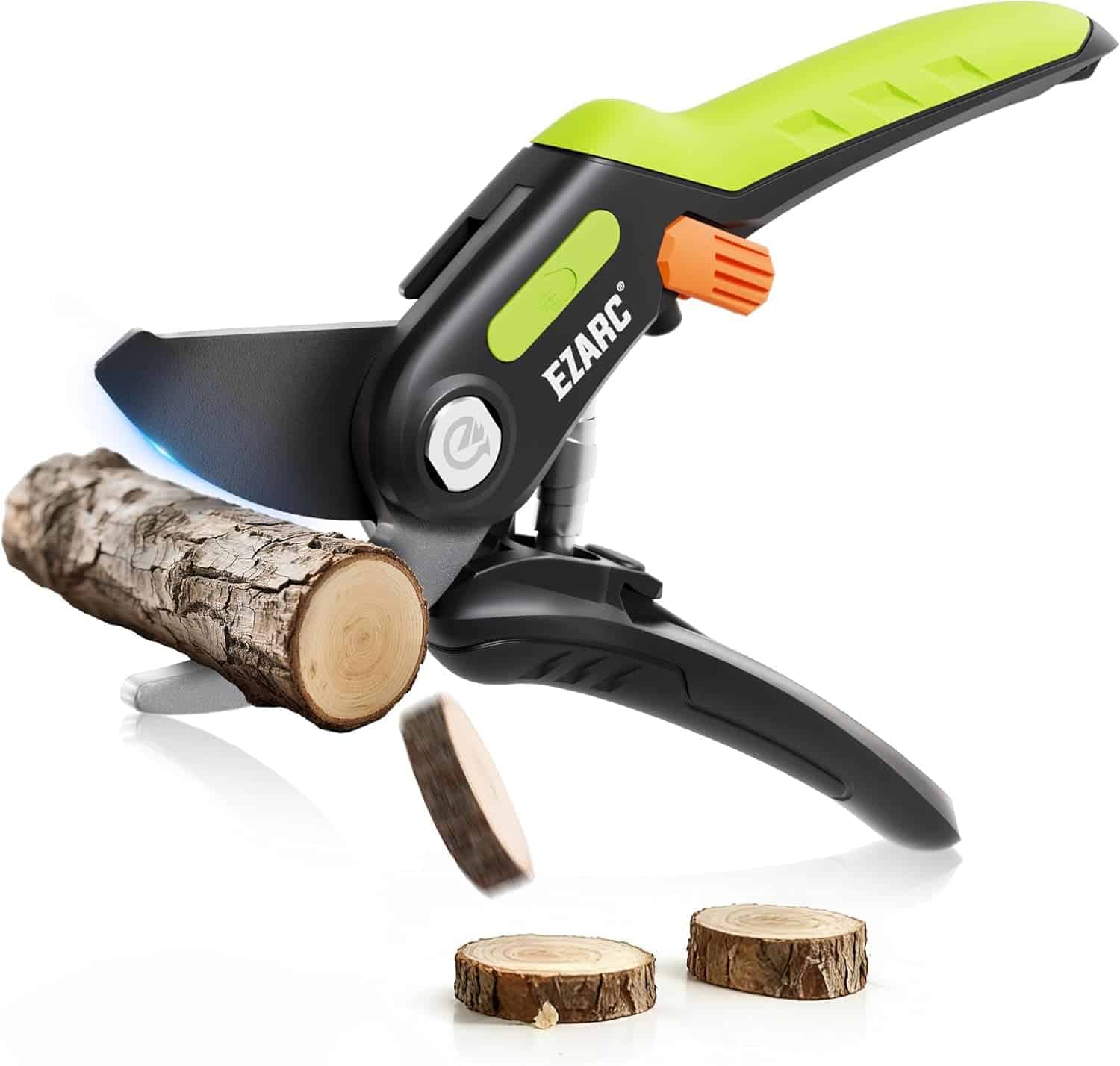 A pair of EZARC electric pruning shears cutting through a small tree branch, with wood slices falling below.